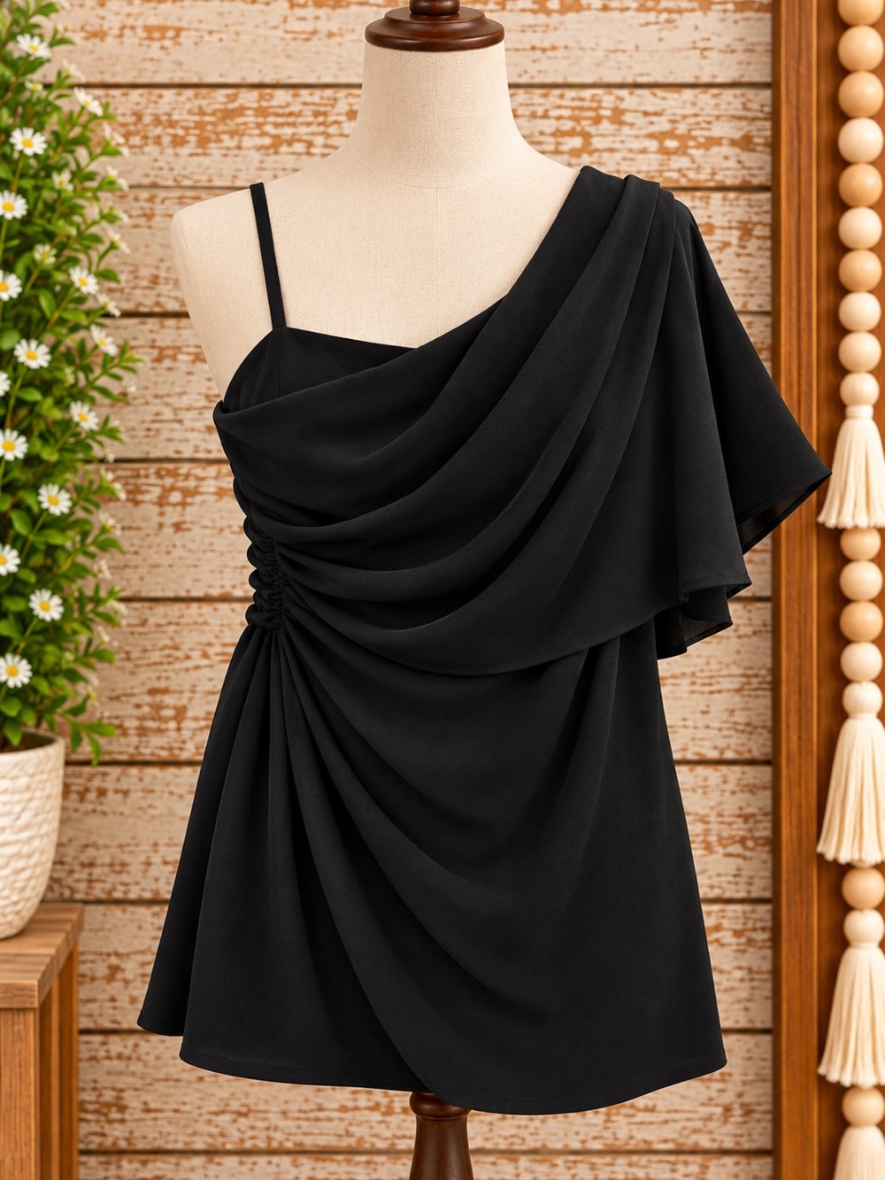 Black Asymmetric Draped Women's Dress